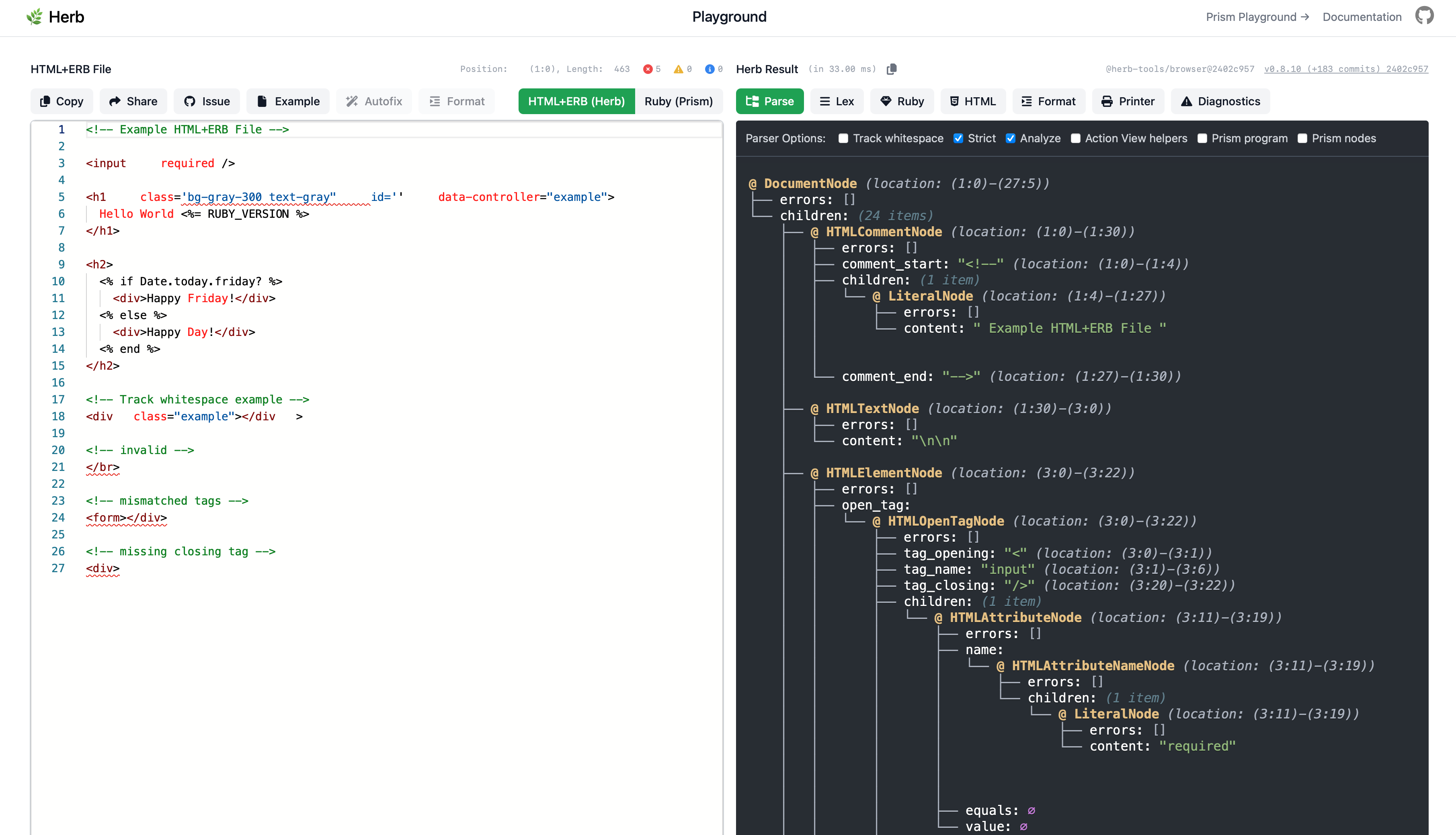 HTML+ERB playground showing Prism nodes alongside the Herb syntax tree